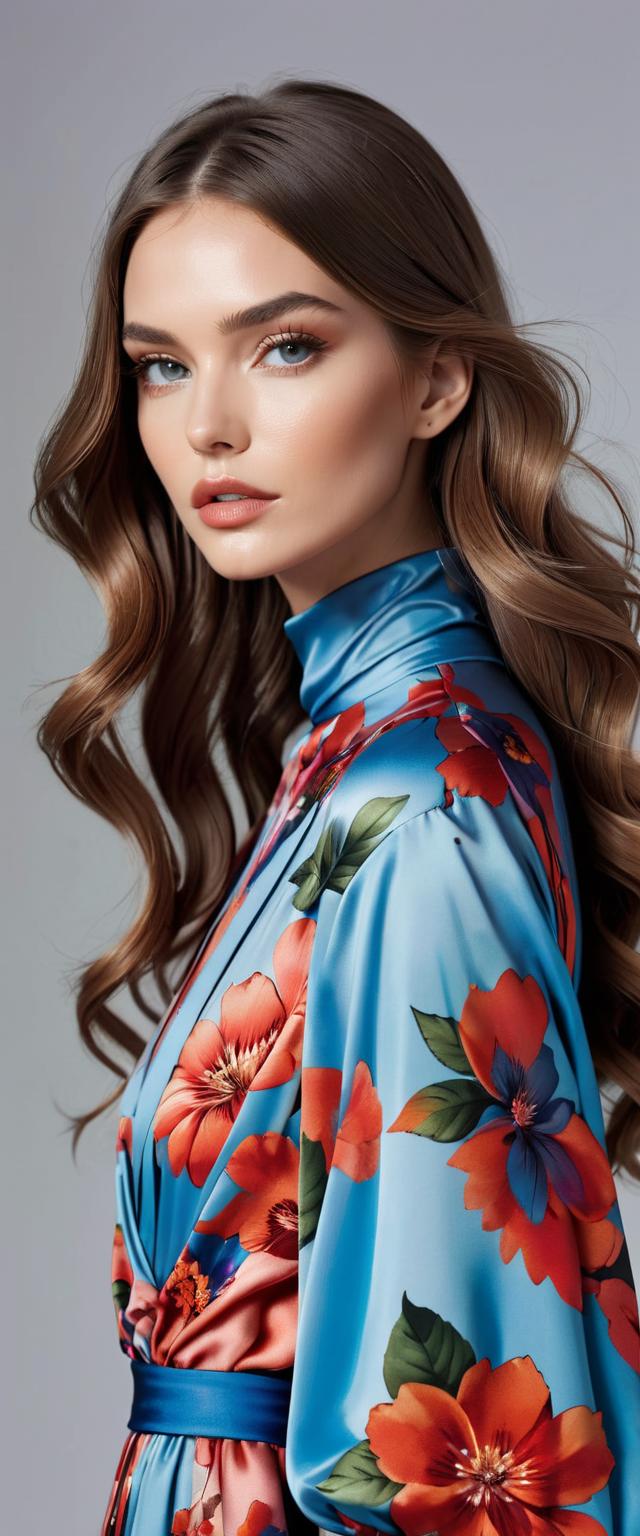 A woman with long brown hair wearing a floral dress - SeaArt AI