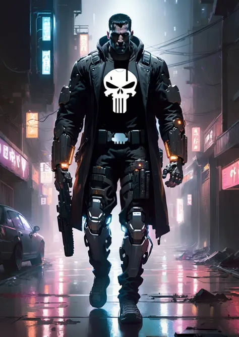 punisher 
walking
 cyborg, cyberpunk,  damaged , ((broken mechanical arm)) , cybernetic
perspective, wide shot, from above
hologram foggy 
dark night , messy street,  glowing light particles,  LED
shadow 
dim light dramatic lighting  
 by Noriyoshi Ohrai
[(details:1.2): [ (many small details:1.3) : [ (many ultrasmall details: 1.2):(very detailed ultrasmall edges and microrelief:1.5):0.7 ]: 0.4 ] :0.2]