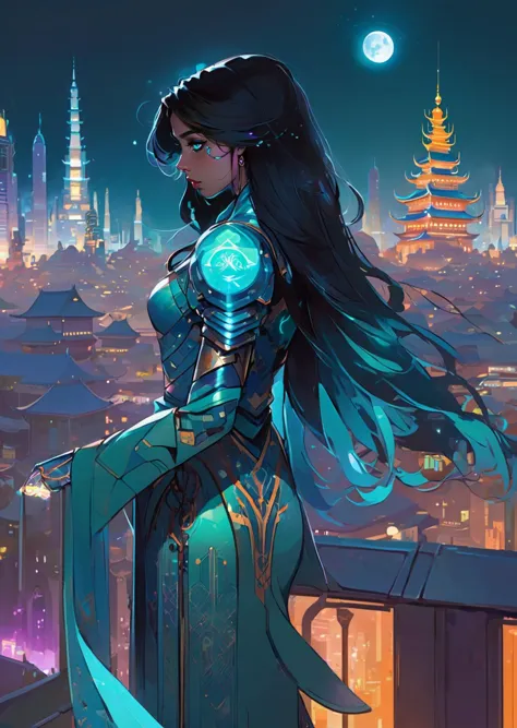 a woman in a futuristic outfit standing on a ledge overlooking a city