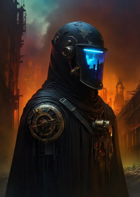 a man in a helmet and goggles stands in front of a city