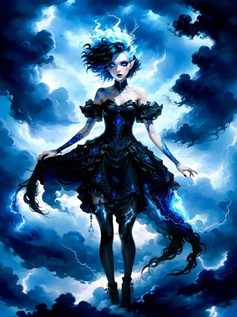 Cloud empress, (ethereal otherworldly flowing fading) (puffy cloud-like:1.4) ornate strapless black and dark electric blue dress, (cloud shoulderpads), short black (puffy wispy cloud-like hair:1.3), (glowing tattoos), legs, dark thunderclouds, storm, (forked lightning:1.3), (rainstorm), (thunderstorm), furious look, glowing eyes, sinister, menacing, violent, european, (full body portrait), fairytale fantasy painting, (Jean-baptiste monge), (wlop), breathtaking, masterpiece, artful, delicate, soul, gorgeous, extremely intricate details, <lora:add-detail-xl:1.2>, <lora:xl_more_art-full_v1:1>