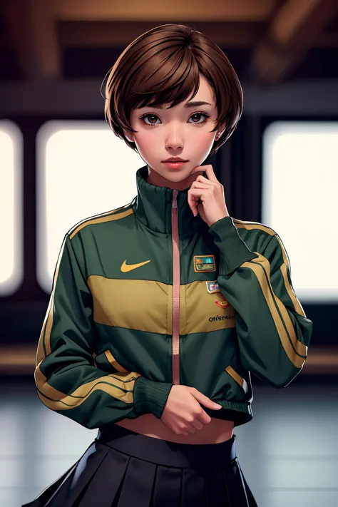 masterpiece,best quality,absurdres,perfect antomy,Satonaka Chie,brown eyes,light brown hair,cowboy shot,standing,green jacket,bl...