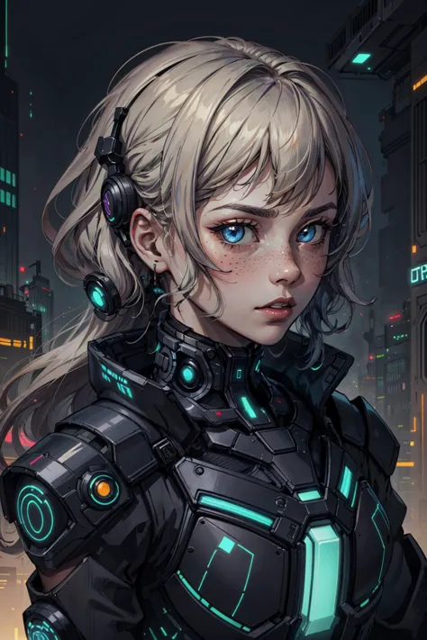 a woman in a futuristic suit with headphones and glowing eyes