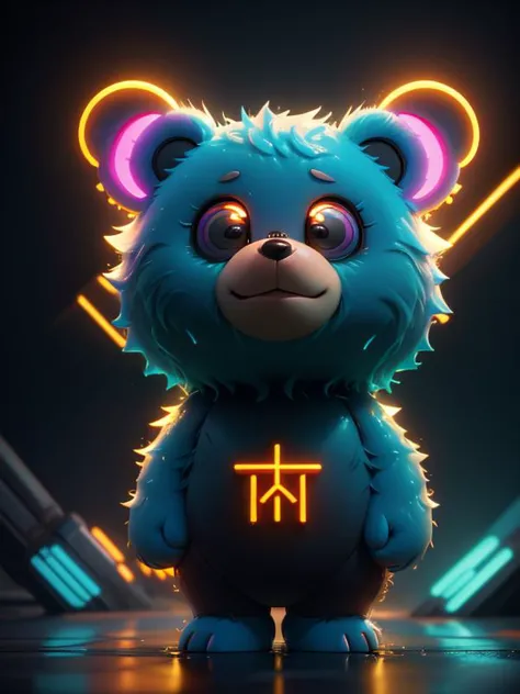 a blue teddy bear with glowing eyes and a neon sign