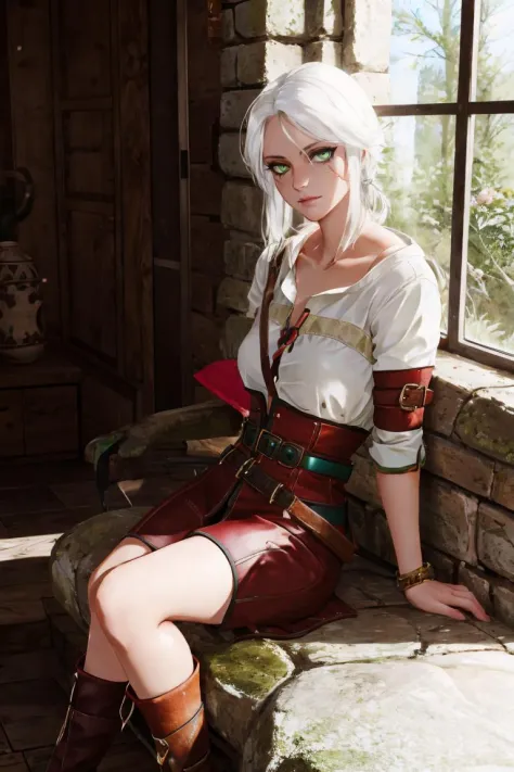 ciriw3_soul3142, 1girl, white hair, green eyes, scar on face, <lora:ciri-18V2:0.6>,sitting