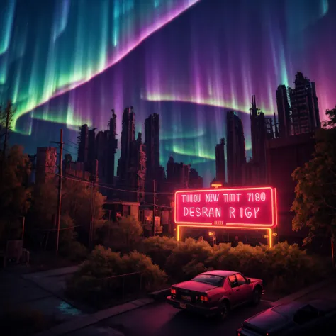 a brightly lit neon sign in front of a city skyline