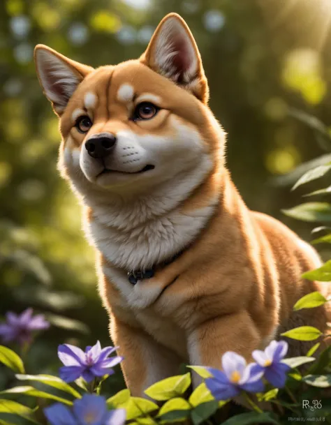 arafed dog standing in a field of flowers with a sun shining behind it