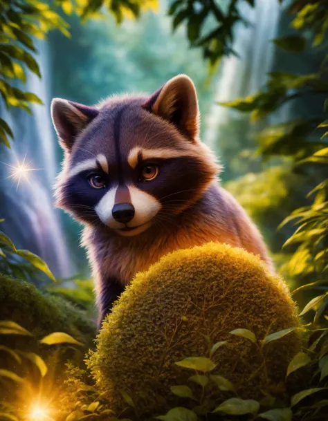 a close up of a raccoon in a forest with a ball of grass