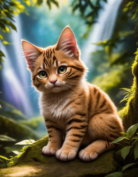 a close up of a cat sitting on a rock in a forest