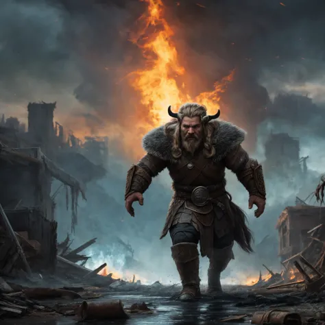 a man in a horned outfit walking through a destroyed city