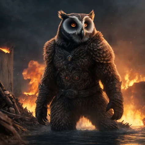 ((detailed owl bear)), wearing runes armor, ragnark, destroyed city after nuclear blast flodded with ((black water:1.2)), post apocalyptic, warzone, fire , smoke
BREAK
(masterpiece, best quality, ultra realistic, 4k, 2k, (intricate, high detail:1.2), film photography, soft focus,
RAW photo, photorealistic, analog style, subsurface scattering, photorealism, absurd res)