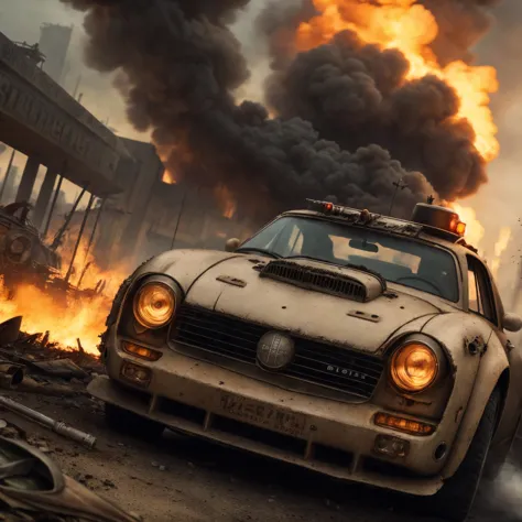 flames are billowing out of a car in a scene from the movie mad max