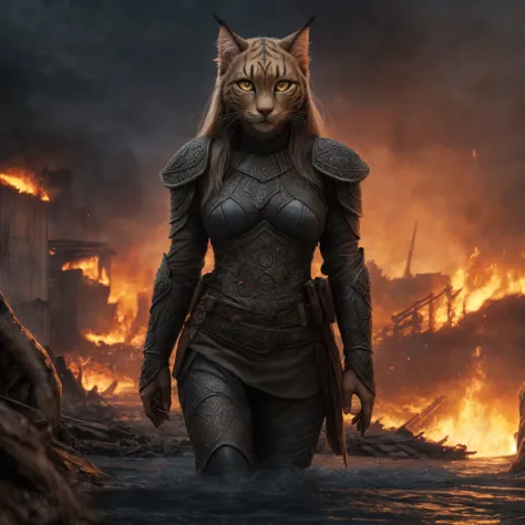 a woman in a cat suit walking through a fire filled area