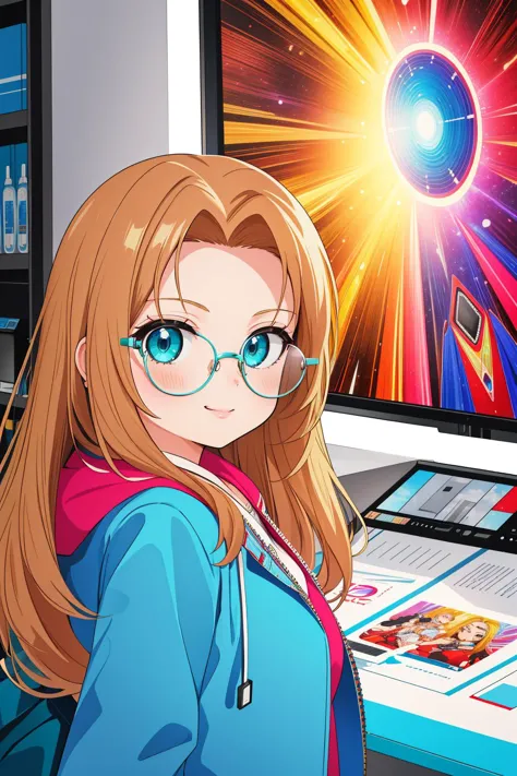 anime girl with glasses and a blue jacket standing in front of a computer