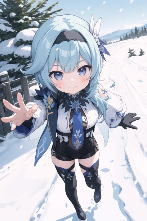 anime girl in a short skirt and blue hair walking in the snow