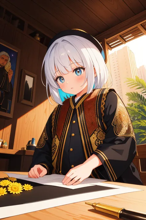 anime girl sitting at a table with a piece of paper and pen