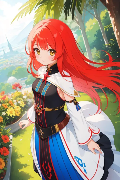 a woman with long red hair and a blue dress is standing in a garden