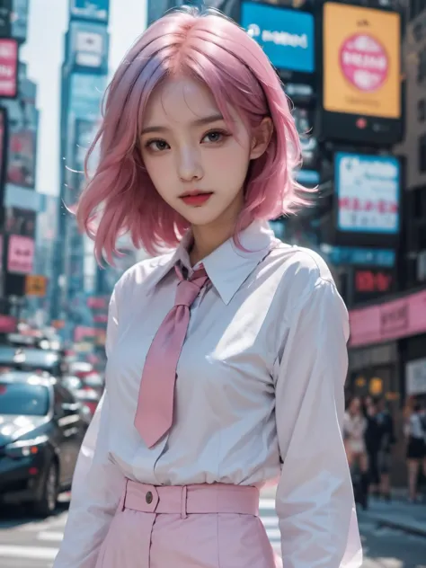 a girl is walking,best quality,looking at viewers,pink hair,blue hair,fashion style,pretty face,sailor collar,lmasterpiece,photo...