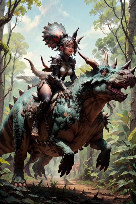 masterpiece, best quality,
girl riding a triceratops, human face, leather armor, riding monster, (detailed lush jungle backgroun...