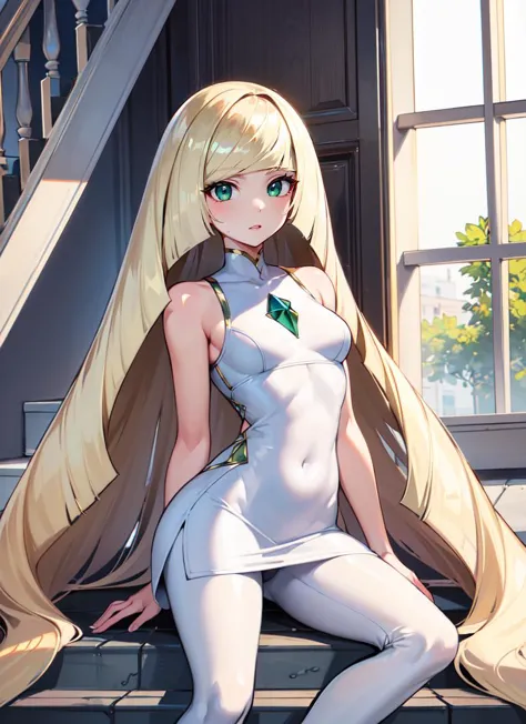 a woman in a white dress sitting on a step with a long blonde hair