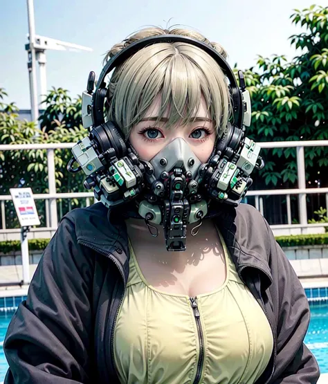 there is a woman wearing a gas mask and headphones by a pool