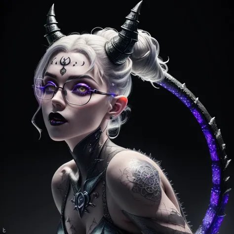 ultra detailed abstract photography of a cute pale draconian girl in full body pose, mix of dragon and girl, half dragon, silver ponytail with strands hair, (masterpiece), realistic, beautiful face, cinematic light, (beautiful purple cat eyes:1.0), perfect anatomy, dragon horns, in the art of LazrPopAI,
night sky moonlight, starry background,
fine detailed silver crescent glasses, pointy ears, cowboy shot, open mouth, medium breasts, (blackish LaceAI skin:1.3),black lips, black eye shadow,
hyperdetailed painting, luminism, 4k resolution,
Soft Lighting, Photographic Realism,
3d rendering, octane rendering,  <lora:LaceAI:1>