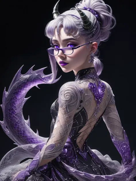 ultra detailed abstract photography of a cute pale MaiAI in full body pose, silver ponytail with strands hair, (masterpiece), realistic, beautiful face, cinematic light, (beautiful purple eyes:1.3), perfect anatomy,dragon horns,
night sky moonlight, starry background,
fine detailed silver crescent glasses, pointy ears, cowboy shot, (blackish LaceAI skin:1),black lips, black eye shadow,
hyperdetailed painting, luminism, 4k resolution,
Soft Lighting, Photographic Realism,
3d rendering, octane rendering,
<lora:LaceAI:1>