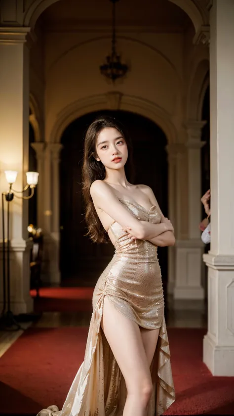 a woman in a gold dress posing for a picture in a hallway