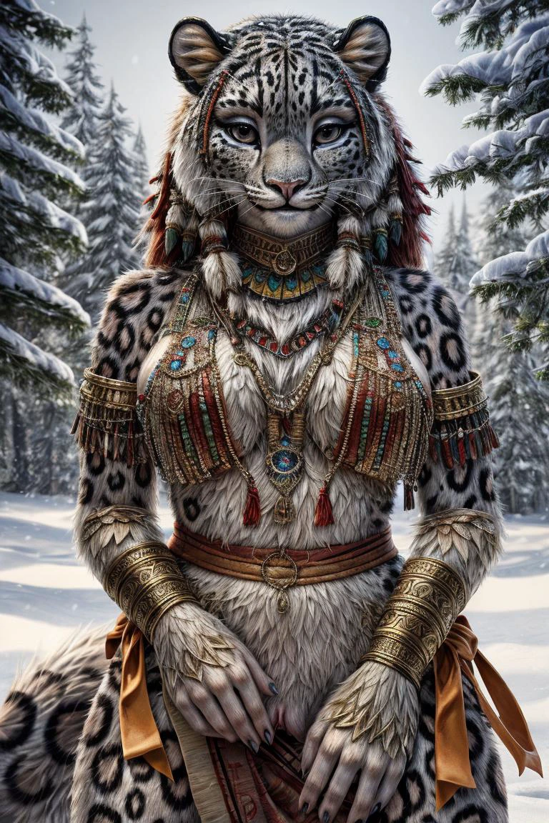 snow leopard, anthro, furry, female, femenine, fur, detailed fur
masterpiece, best quality, digital art, (realistic:0.3), cartoon, detailed lines, high resolution, visually stunning
(detailed lighting, depth of field:0.9), detailed color, vivid color
perfect hands, detailed hands
(beautiful, cute, fluffy:1.2), detailed body, perfect breasts, 1girl, solo, smile
vagina
outdoors, nature, tribal accessories, tribal clothes
 