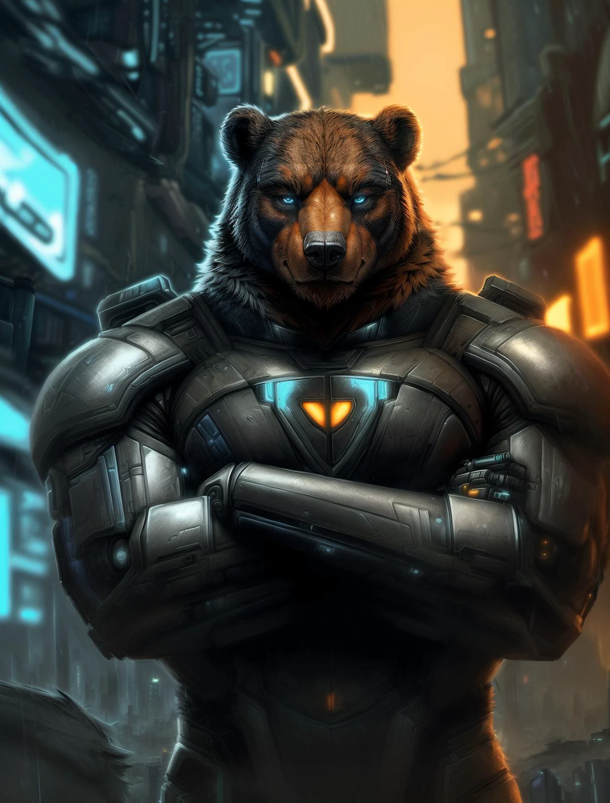 (detailed cyberpunk city:1.2), raining, cybernetic bear standing, detailed fur, cybernetic armor, defiance512, (masterpiece, best quality, high quality, highres, ultra-detailed), [by nesskain, rov::0.5] ADDCOMM
(blue light:1.3)  ADDCOL
(orange light:1.3) 