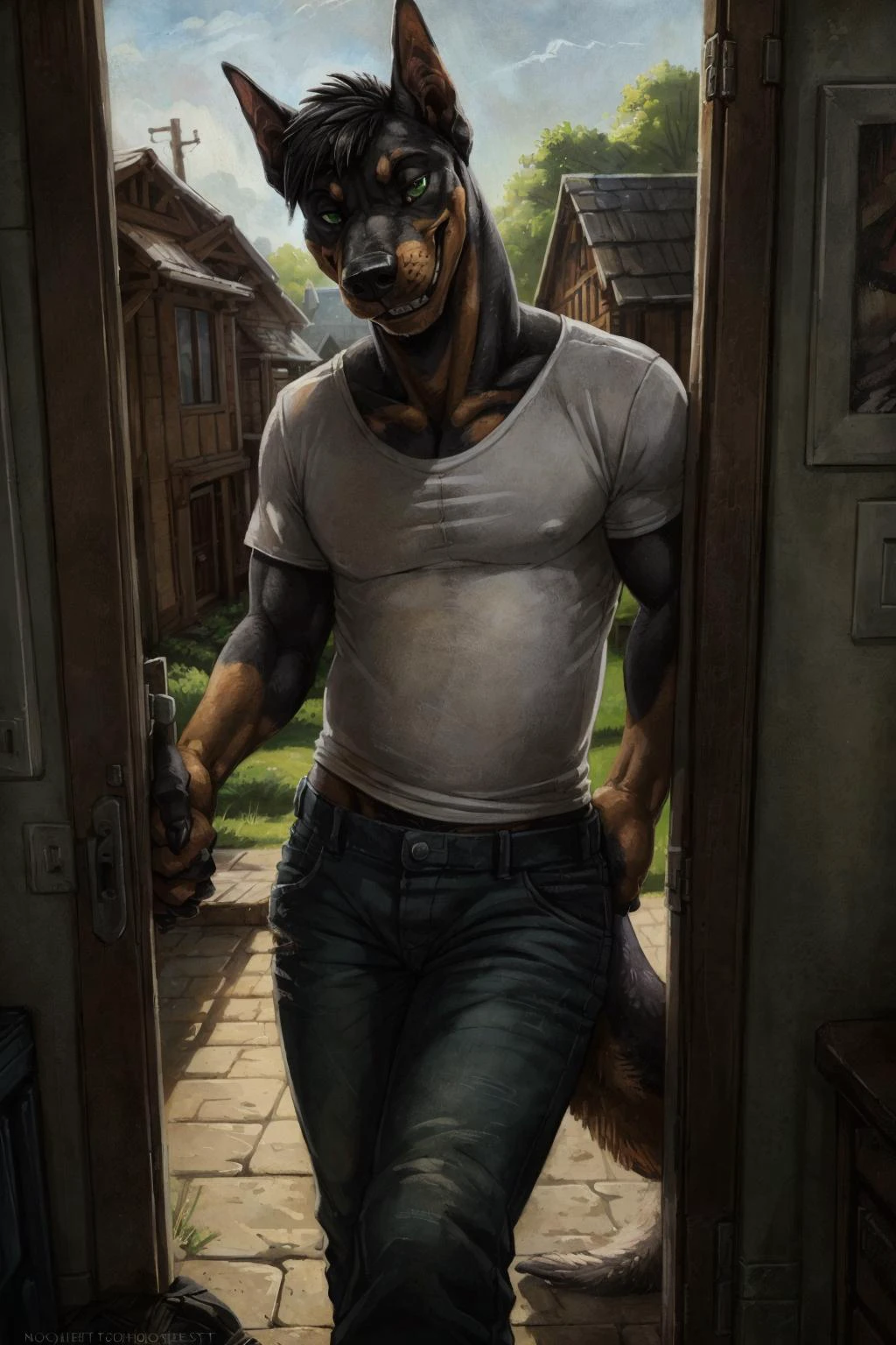 uploaded on e621, (by tojo the thief, by narse, by wfa, by RrowdyBeast, by Kenket), HDR, masterpiece, tall strong muscular ((green eyed anthro dobermann-wolf hybrid male with short black hair dressed in white t-short and black jeans)) standing in the doorway, human female viewer's perspetive, pov, human female viewer's hand holding the door, (toothy grin), ((bedroom_eyes,)) view from indoors to outdoors, town background, at day, (may_I_come_in?), (looking at the viewer):0.67, intricate details, hyperdetailed, 8k uhd, one_frame_image