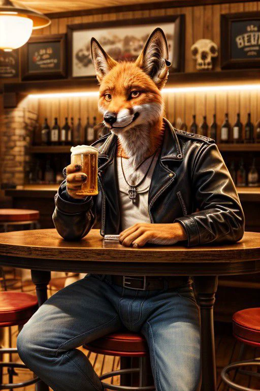Solo, Male, big body, Fox wearing a leather jacket, pitching ear, pitching nose, metal skull necklace, sits at pub, drinking beer, cinematic photo with warm colors, detailed photo, masterpiece, best quality, 8k,