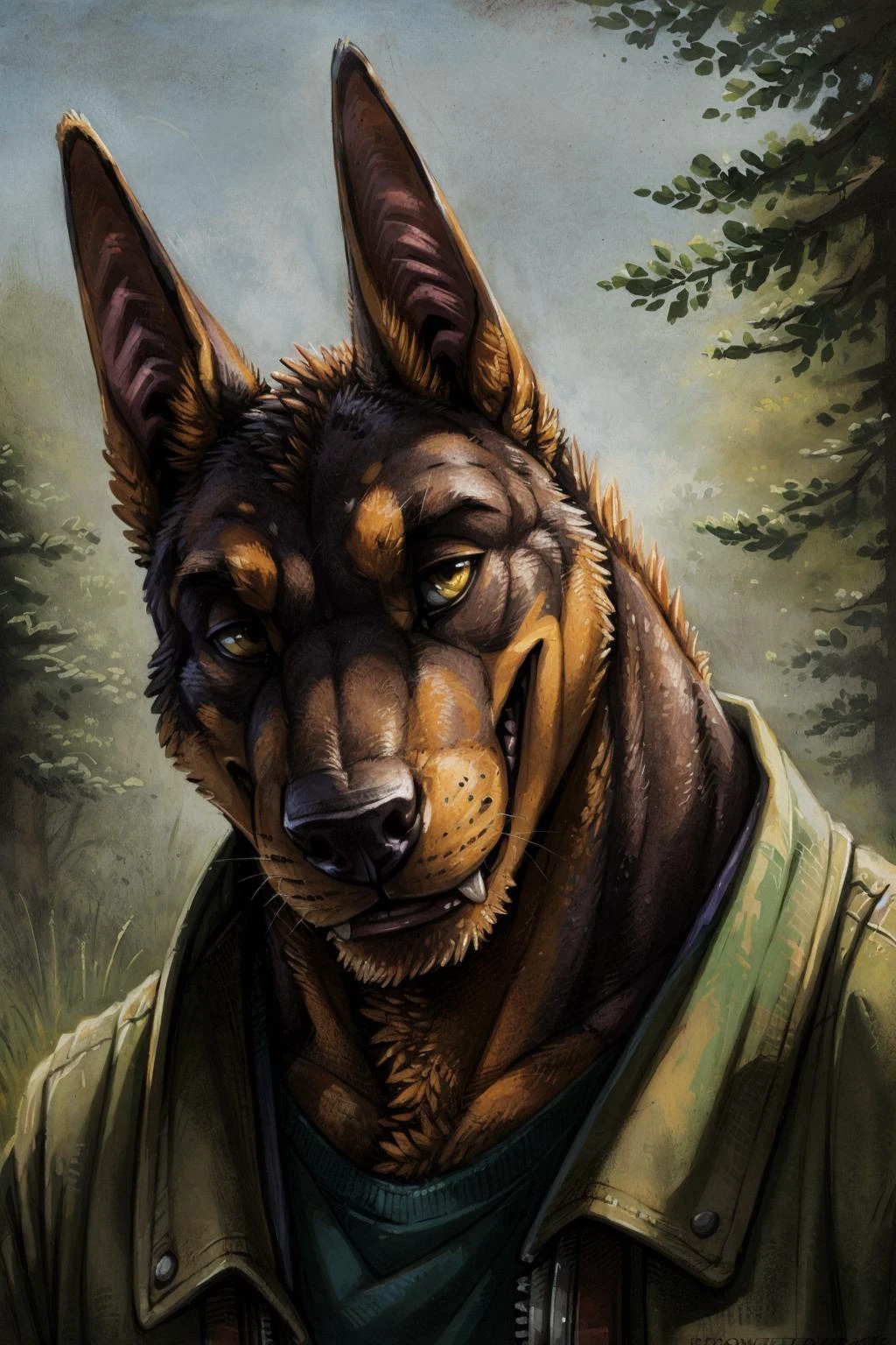 uploaded on e621, (by tojo the thief, by narse, by wfa, by RrowdyBeast, by Kenket), HDR, masterpiece, anthro dobermann-wolf hybrid male portrait