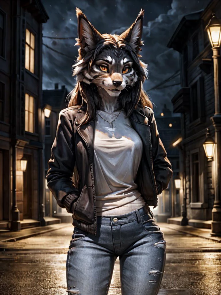 (Highest quality, incredible details, 8k, 4k, uhd:1.3), by Pixelsketcher, by Bayard Wu, by Thomas Benjamin Kennington, by Einshelm, BREAK maine_coon, long flowing hair, black lips, BREAK orange eyes, beautiful eyes:1.3, looking at viewer, jacket, jeans, BREAK {{street, night, street lights, rim light}},