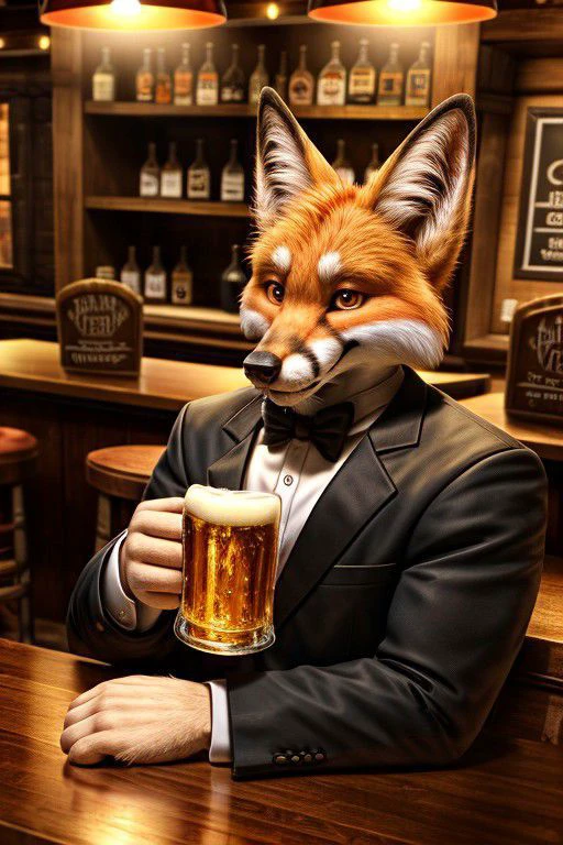 Allein, Männlich, großer Körper, Fox im Smoking sitzt im Pub, Bier trinken, Kinofoto mit warmen Farben, detailliertes Foto, Meisterwerk, beste Qualität, 8k,