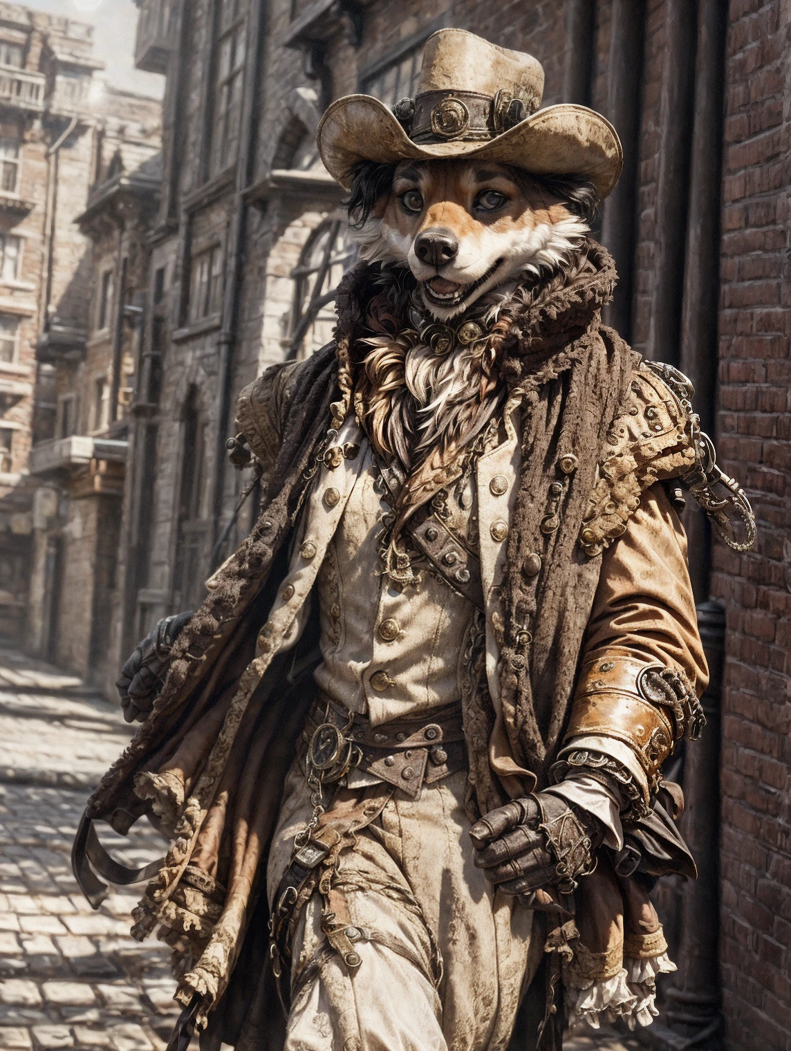 solo, male, portrait, canid, wearing fancy coat, pants, hat, in a 19th century street, walking, sun, sunlight, steampunk, smile, high detailed, cinematic lighting, complex background