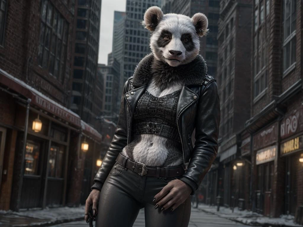 anthro, panda, ursine,  female, looking at the viewer, leather jacket, studded jacket, dark colored pants, annoyed, city setting, futuristic, pose,
BREAK,
(detailed background:1.2),high detail, film photography, RAW candid cinema, realistic, analog style, best quality, ultra realistic, 8k,