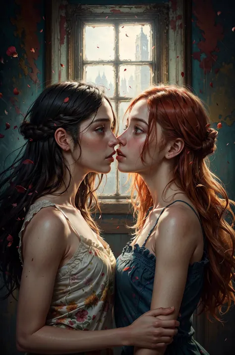 two women kissing in front of a window with petals flying around them