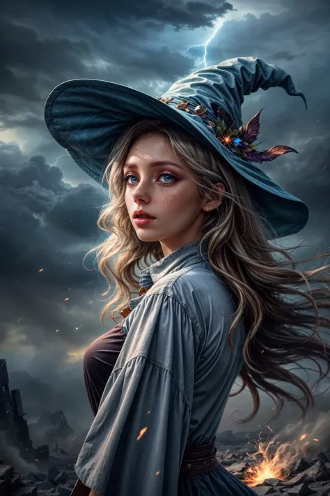 a woman in a witches hat with a lightning bolt in the background