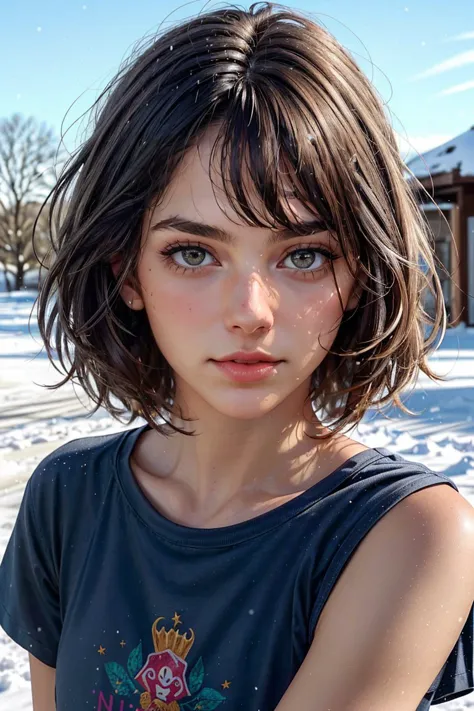 a close up of a person with a snow covered street