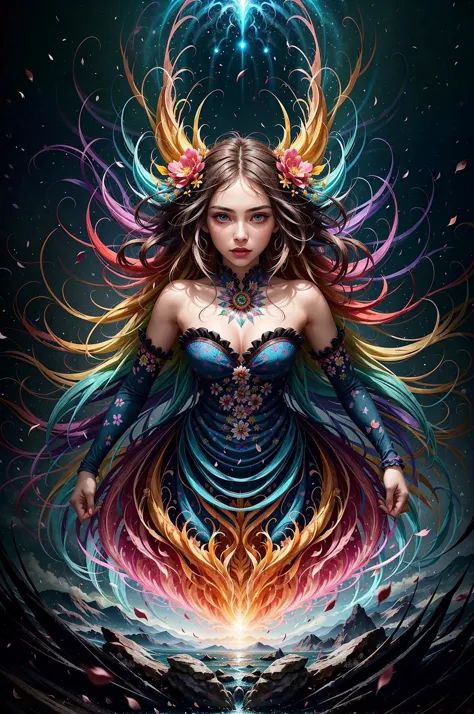 young woman, colorful chaos, elegant, vivid colors, atmospheric, petals, vibrant, striking visual design, twisting flowing fabri...