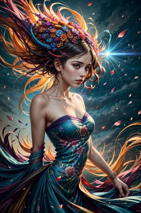 young woman, colorful chaos, elegant, vivid colors, atmospheric, petals, vibrant, striking visual design, twisting flowing fabri...