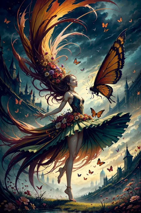 chaos, élégant, Couleurs vives, oeuvre d&#39;Anne Bachelier, atmosphérique, Une fille, élégant, papillons, fleurs épanouies, en mouvement, Spectaculaire, tout le corps, composition organique