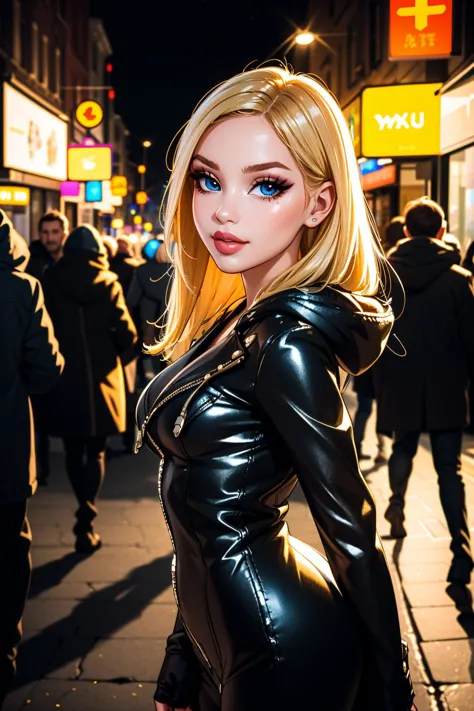 blond haired woman in latex posing for a picture on a city street