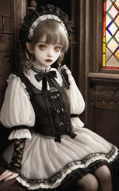 a close up of a doll sitting on a chair near a stained glass window