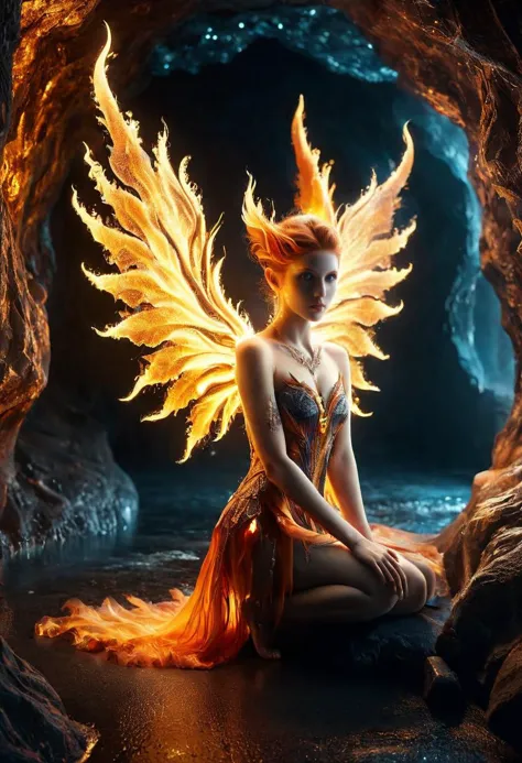 a woman sitting in a cave with fire wings on her head