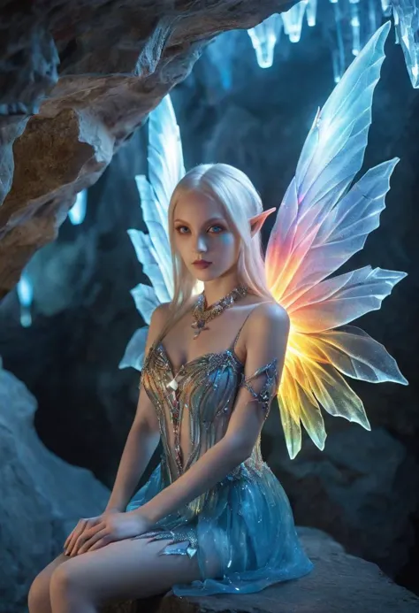 realistic portrait photography of a adult gothic elf with red, blue, yellow hair, fairy wings made of ral-vbrntacyl, tattoos, makeup, (sexy pose: 1.3), in a magical glowing crystal cave, posing for a picture, the cave walls made of glittering crystals, fantastical background, intricate details, ultra sharp, realism <lora:ral-vbrntacyl-sdxl:0.8>