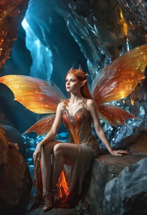 realistic portrait photography of a adult gothic elf with fall colors, red, yellow, orange, brown hair, fairy wings made of ral-vbrntacyl, tattoos, makeup, (sexy pose: 1.3), in a magical glowing crystal cave, posing for a picture, the cave walls made of glittering crystals, fantastical background, intricate details, ultra sharp, realism <lora:ral-vbrntacyl-sdxl:0.8>