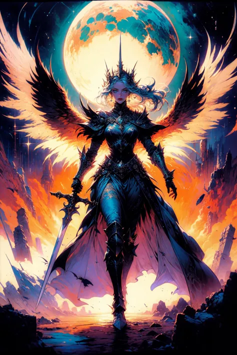 a woman with wings and a sword stands in front of a full moon