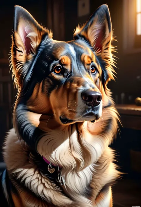 a close up of a dog with a collar on sitting in a room